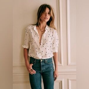 Sezane Ann Polka Dot Silk Button Blouse Top